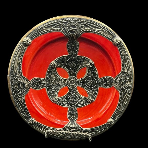 Moroccan Red Ceramic Plate Bowl Overlaid Berber Engraved Metal Handcrafted Decor - Picture 1 of 9